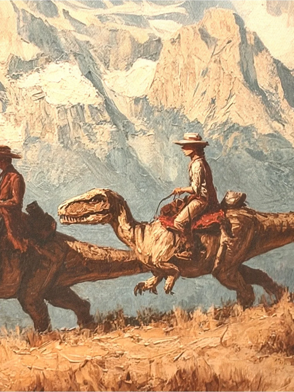 Cowboy Dinosaur Ranger Mountains Canvas Art Print Quirky Vintage Framed Wall Art